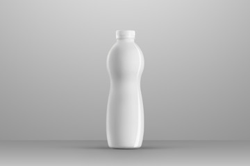 White plastic bottle with reflections and shadows on a gray studio background.