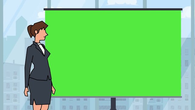 Flat cartoon businesswoman character speaker near green board explain business concept animation with alpha matte