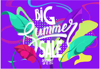 Big sale banner with colorful abstract elements and tropical leaves. Vector illustration