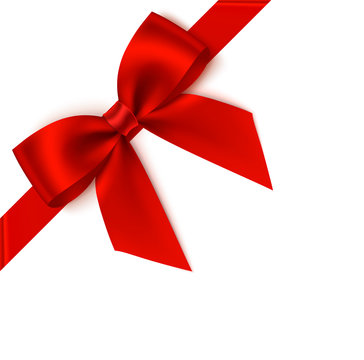 Decorative red bow with diagonally ribbon on the corner. Vector bow for page decor