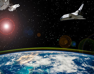 Astronaut and spaceships. Lens flare. The elements of this image furnished by NASA.