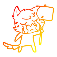 warm gradient line drawing crying fox cartoon with placard