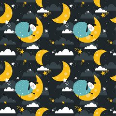 Sleeping sheeps, hand drawn backdrop. Colorful seamless pattern with animals, moon, stars. Decorative cute wallpaper, good for printing. Overlapping colored background vector. Design illustration