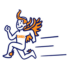 Hand drawn cartoon character. Angel "Kairos" runs with his wings on his legs and back very fast. vector graphics, blue, yellow, running.