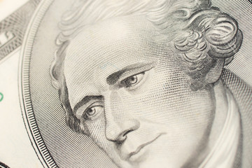 Alexander Hamilton face on US ten or 10 dollars bill 