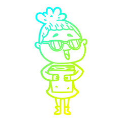 cold gradient line drawing cartoon happy woman wearing spectacles