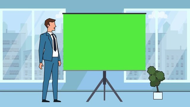 Flat cartoon businessman character speaker near green board explain business concept animation with alpha matte