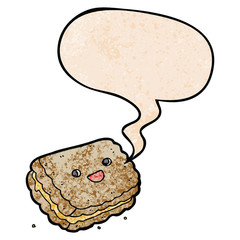 cartoon biscuit and speech bubble in retro texture style