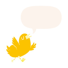 cartoon happy bird and speech bubble in retro style