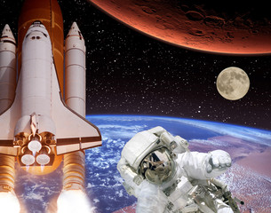 Rocket flies from earth to Mars. Astronaut in front and moon in the distance. The elements of this image furnished by NASA.