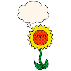 cartoon flower and thought bubble in comic book style