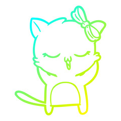 cold gradient line drawing cartoon cat with bow on head