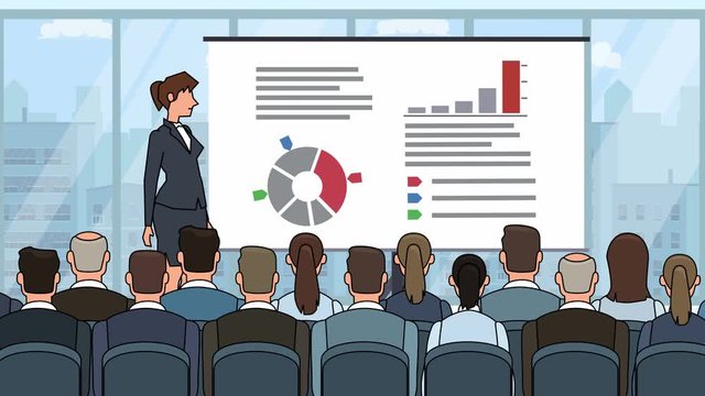 Flat cartoon businesswoman character speaker in conference business meeting near graph board