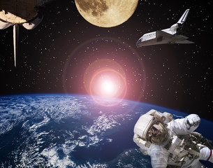 Astronaut, spaceships and moon. Sunrise on the backdrop. The elements of this image furnished by NASA.