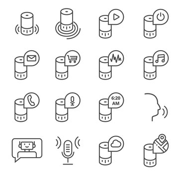 Smart speaker and virtual assistant. Vector icon set in outline style