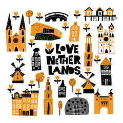 Vector cartoon illustration of different holland attractions and landmarks.