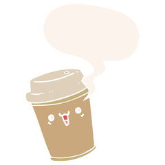 cartoon take out coffee and speech bubble in retro style