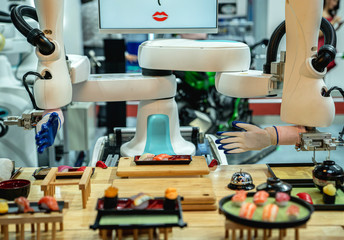 automation machine and detail close up in machine automatic with robotic automation technology for technology production factory with robotic Sushi