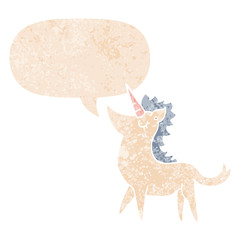 cartoon unicorn and speech bubble in retro textured style
