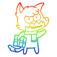 rainbow gradient line drawing cartoon grinning fox with christmas present
