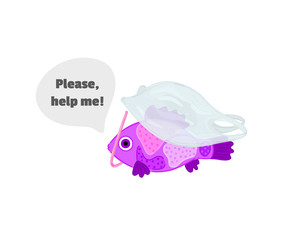 Stop ocean plastic pollution. The fish swims among the garbage. Marine life under threat. Waste in water. Trash underwater. Environmental Protection. Banner, brochure, poster, leaflet. Vector, eps10