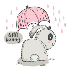 Vector hand drawn cute rabbit with umbrella.