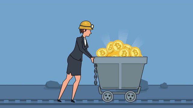 Flat cartoon businesswoman character pushing miners wagon barrow with gold bitcoin coins business concept animation