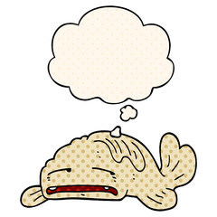 cartoon sad old fish and thought bubble in comic book style