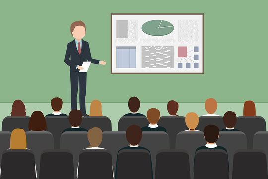 Caucasian man giving business presentation in conference hall. Vector illustration.