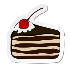 Vector illustration, sticker of triangle piece of chocolate cake Black Forest isolated on white background