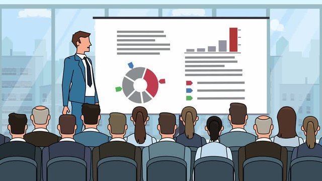 Flat cartoon businessman character speaker in conference business meeting near graph board
