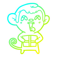 cold gradient line drawing crazy cartoon monkey with christmas present