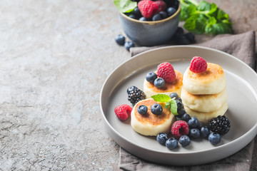 Cottage cheese pancakes with berries. Healthy Breakfast.