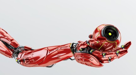 Obraz na płótnie Canvas Red robotic arm holding remote camera drone, 3d rendering