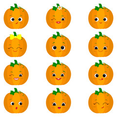 Set of twelve cute kawaii pumpkin vegetable characters different emotions and accessories in cartoon style. Vector illustration, flat design.
