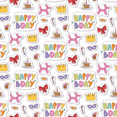 Happy birthday party celebration entertainment confetti present balloon decoration for holiday fun anniversary congratulation seamless pattern background vector illustration.
