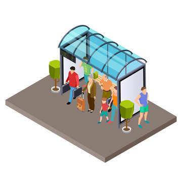 People Are Waiting For The Bus At The Bus Stop Isometric Vector Illustration. Bus Isometric Stop With Bench