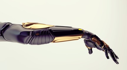 Black robotic arm with golden parts, 3d rendering