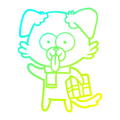 cold gradient line drawing cartoon dog with christmas present