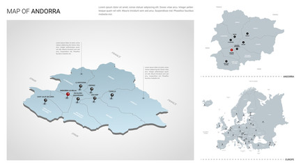 Vector set of Andorra country.  Isometric 3d map, Andorra map, Europe map - with region, state names and city names. Fonts : Myriad Pro, Roboto