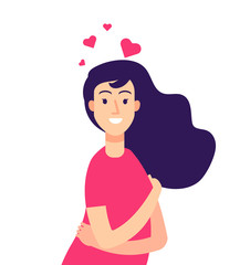 Woman self hug. Female esteem self love, narcissistic young smiling girl self-confidence creative vector concept. Illustration of female person behavior self-esteem