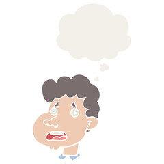 cartoon shocked man and thought bubble in retro style