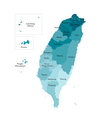 Vector isolated illustration of simplified administrative map of Taiwan, Republic of China (ROC). Borders and names of the regions. Colorful blue khaki silhouettes