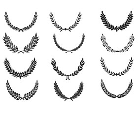Collection of different black and white silhouette circular laurel foliate, wheat and oak wreaths depicting an award, achievement, heraldry, nobility. Vector illustration.