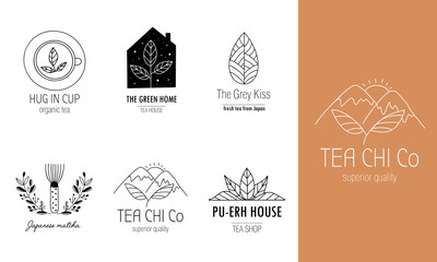 Hand drawn tea logo set in doodle style
