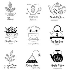 Hand drawn tea logo set in doodle style
