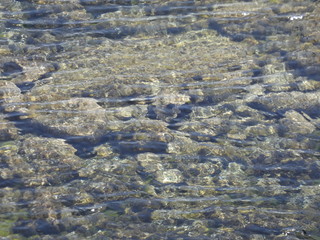 Vista interior del agua de una cala, se ven las piedras, las rocas debajo del agua, agua transparente y cristalina