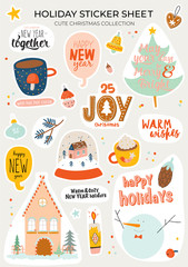 Cute Happy New Year winter elements. Isolated on white background. Motivational typography of hygge quotes. Scandinavian style illustration good for stickers, labels, tags, cards, posters. Vector