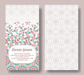 Arabic double card for invitation, celebration, save the date, wedding performed in arabian geometric tile. Colofrul vector template