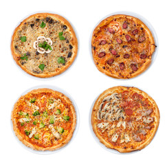 pizza collection isolated on white, top view